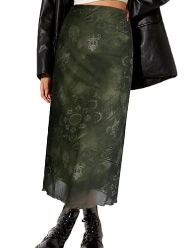Avanova Women Floral Boho Mesh Midi Skirt High Waist Lettuce Trim A Line Skirt Floral Green R Large - Image 1