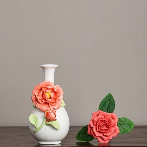 Handmade Pinched Flowers Ceramic Vase with One Ceramic Rose Flower, Home Decor Ceramic Vase for Dining Table, Living Room, Kitchen, Bedroom, Shelf, Office, Coffee Table, Restaurant & Fireplace Mantel