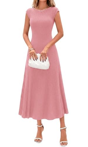BTFBM Womens Summer Dresses 2026 Asymmetrical Neck Short Sleeve Pleated Knit Spring Sweater Midi Dress Business Casual(Pink, Medium) - Image 1