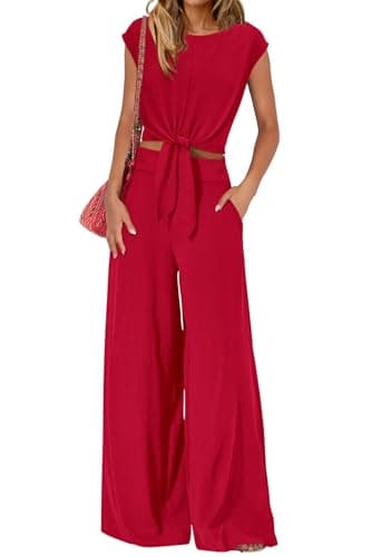 PRETTYGARDEN Women 2 Piece Lounge Sets 2026 Casual Summer Outfits Cap Sleeve Strappy Crop Tops Wide Leg Pant Tracksuit(Red,XX-Large) - Image 1