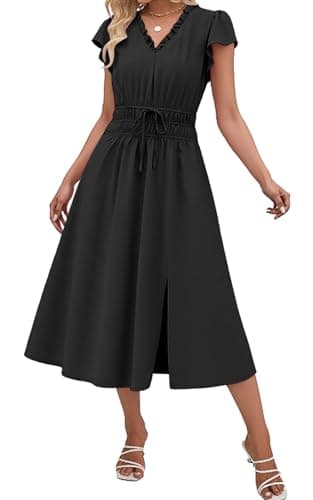 Womens Summer Midi Dresses Casual V Neck Cap Sleeve Empire Waist Elegant 2026 Flowy Solid Long Dress with Pockets B M Black - Image 1