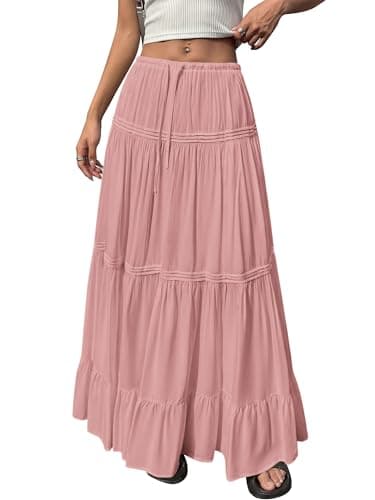BTFBM Spring Skirts for Women 2026 Summer Boho Beach Vacation Clothes Casual Pleated High Waisted Flowy Maxi Skirt(Pink, X-Large) - Thumbnail 3