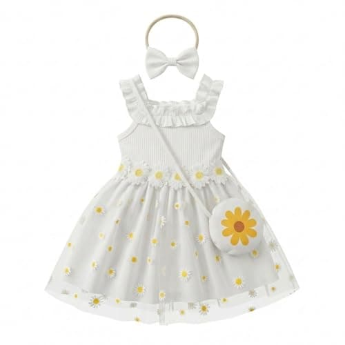 Baby Toddler Girl Summer Floral Dress Sleeveless Ruffle Tulle Tutu Sundress with Accessories Cute Daisy 1st Birthday Party Outfit White 2-3Years - Image 1