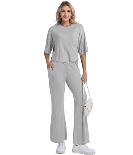 YOAKUKA Women's Two Piece Lounge Sets Loose Fit Short Sleeve Tops and Wide Leg Pants Casual Matching Travel Outfits Tracksuit - Image 1