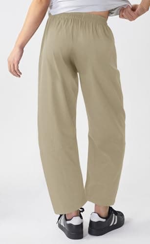 EGOCKAL Womens Elastic Waist Ankle Pants Baggy Curved Tapered Leg Barrel Travel Pants with Pockets Khaki - Thumbnail 3