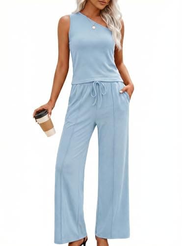 Casly Lamiit 2 Piece Pant Sets for Women Summer Airport Travel Outfits Sleeveless Knit Flowy Pants Set Elegant Spring Outfits Light Blue XS - Image 1