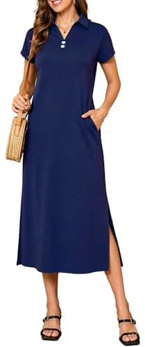 BEXIBOOM Women's Summer Maxi Dress, Cap Sleeve V Neck Collared Polo Shirt Dress with Pockets, Casual Long Dress for Beach Vacation Work Navy Blue-S