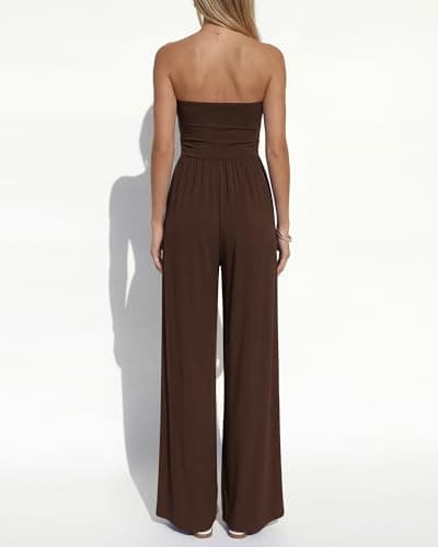 BTFBM Jumpsuits For Women Summer 2026 Beach Vacation Strapless Tube Top Jumpsuit Ruched Casual Wide Leg Pant Rompers(Brown, Large) - Thumbnail 3