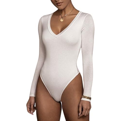Bolsamila Women's Long Sleeve V-Neck Bodysuit Sexy Thong Bodysuit Shirts Slim Fit Going Out Tops (White, M) - Image 1