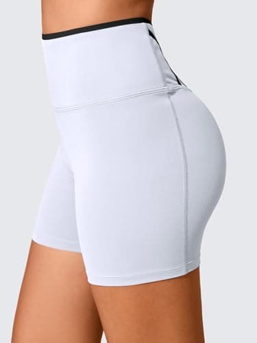 Aoysky Womens Workout Biker Shorts 5" Color Block High Waisted Yoga Athletic Shorts White - Thumbnail 3