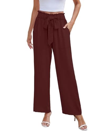 NILOUFO Casual Pants for Women Summer Lightweight Wide Leg Pants High Waisted Elastic Waist Tie Knot Trousers with Pockets(Wine Red, Medium) - Image 1