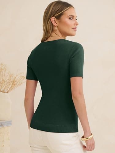 ANRABESS Womens Short Sleeve Sweaters Wool Blend Summer Scoop Neck Casual Business Knit Shirts Slim Fit Work Tops Outfits Drak Green Large - Thumbnail 6