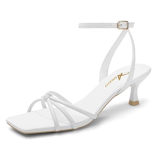 Athlefit White Kitten Heels for Women Square Open Toe Strappy Low Heels Comfortable Dressy Ankle Strap Sandals Size 10 - Image 1