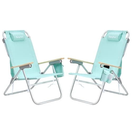 SUNNYFEEL Tall Beach Chair, Reclining Beach Chair with 5-Position, Portable Camping Chair for Adults with Wood Armrest, Lightweight Camping Chair 300 lbs Heavy Duty, Green, 2 Pack - Image 1