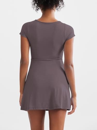 Dokuritu Womens Tennis Dresses Short Sleeve Square Neck 2024 Side Slit Double Lined Golf Athletic Dress with Built in Shorts - Thumbnail 2