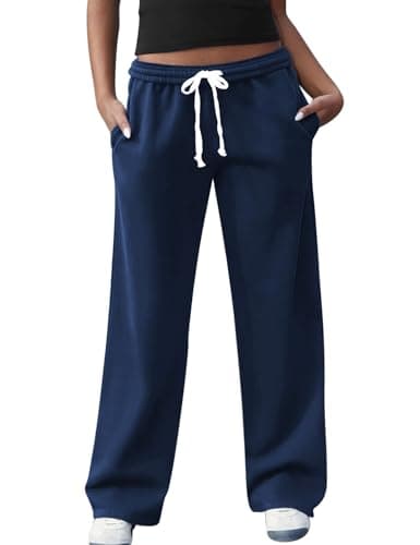 FACDIBY Women's Wide Leg Sweatpants High Waisted Baggy Interior Drawstring Sweatpants Straight Leg Sweat Pants, Navy Blue XL - Image 1