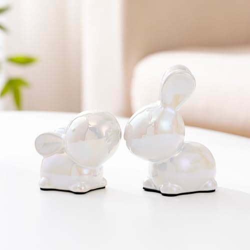 SURE YUESI for Mom from Daughter or Son, Set of 2 White Ceramic Bunny Figurines 4”, Modern Rabbit Statues for Spring Home Decor, Tiered Tray, Mantel, Shelf & Easter Basket Stuffer - Image 1