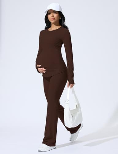 Mama Land Plus Size Maternity Tops Long Sleeve T-Shirts - Pregnancy Shirt for Casual Workout Lounge Everydaywear Blouse Workout Yoga Maternity Outfits (Toasted Brown XL) - Thumbnail 3
