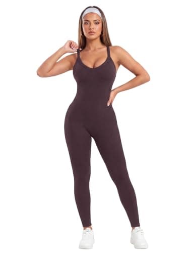 VUTRU Women’s Jumpsuits Cross Strap One Piece Bodysuit Sexy Workout Tummy Control Athletic Sleeveless Romper（Dark Brown XL） - Thumbnail 3