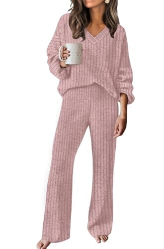 RUMIA Two Piece Sets for Women Loose Fit Fall Outfits Cute Sweater Lounge Sets Going Out Airport Outfits Pink S - Image 1