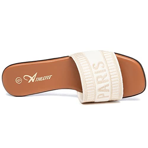 Athlefit Women's Slides Summer Fashion Slip On Flat Sandals Dressy Beige Size 10 - Thumbnail 4
