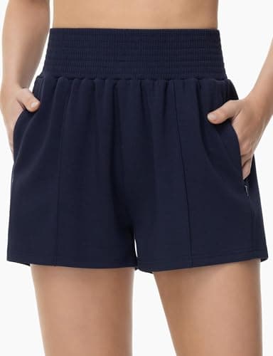 THE GYM PEOPLE Women's High Waist Sweat Shorts Summer Athletic Lounge Short with Zipper Pockets Dark Blue - Image 1