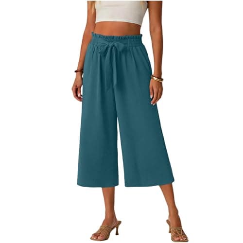 Gaucho Pants for Women, Wide Leg High Waisted Cotton Women's Palazzo Capri Pants with Pockets and Drawstring, Lightweight Breathbale Casual Summer Womens Culottes Mint Green XL - Image 1