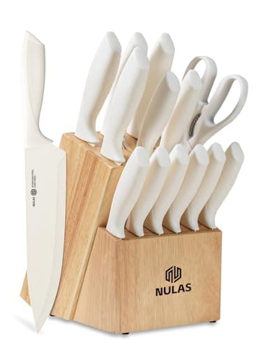 NULAS 15-Piece Kitchen Knife Block Set with Built-in Sharpener, Upgraded Non-Stick Coating Blades, Ergonomic Handles, Dishwasher Safe, Cream - Image 1