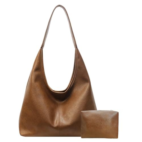 JueiXeoy Slouchy Tote Bag for Women Hobo Bags Soft Vegan Leather Hobo Purse Shoulder Bag Retro Travel College Work Tote Handbags 2pcs Brown - Image 1