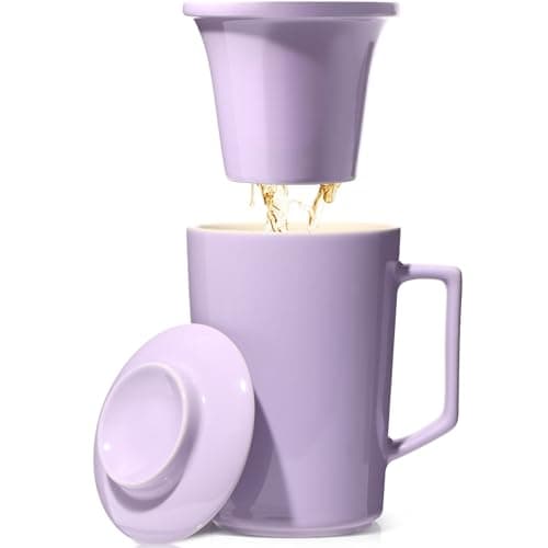 Foinly 15 OZ Ceramic Tea Cup with Infuser and Lid,Tea Mug with All-Porcelain Strainer for Loose Leaf Teas,Microwave and Dishwasher Safe,Metal-Free,BPA-Free for Tea-Lovers,Birthday (Purple)