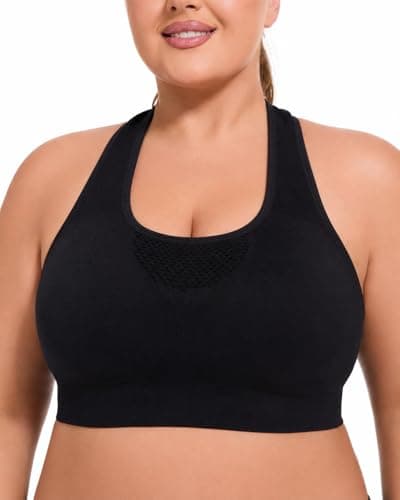 FANCMISTERY Plus Size Sports Bra for Women Racerback Wireless Padded Bra with Ventilated Mesh and Anti-Slip Design for Yoga,Cycling,Jogging and Workout (US, Alpha, 3X-Large, Plus, Regular, Black) - Image 1