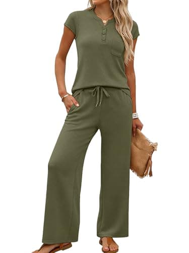 Casly Lamiit 2 Piece Sets for Women Summer Beach Vacation Outfits Travel Set V Neck Tops Cropped Pant Sets Loungewear Army Green XS - Image 1