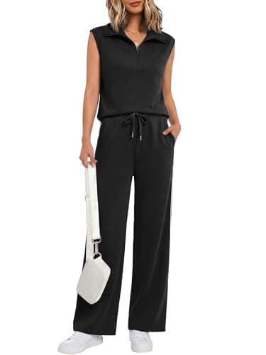 Casly Lamiit 2 Piece Sets for Women Summer Travel Outfits V Neck Half Zip Lapel Tank Top Striped Wide Leg Pants Matching Sets Sweatsuits Black S - Image 1