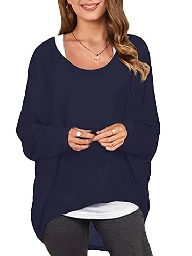 ZANZEA Women's Off The Shoulder Batwing Tops Casual Loose Oversized Tshirts Long Sleeve Fall Pullover Sweater Tops Navy L - Image 1
