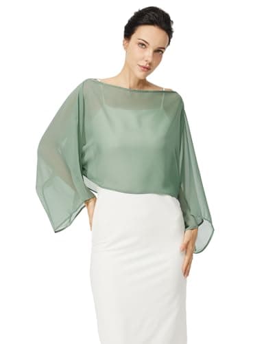 BEAUZSUZSANA Women Chiffon Bolero Cape Capelets with Arm Holes Shawls and Wraps for Evening Dress Bridal Wedding Party (Dusty Sage,L-XL)