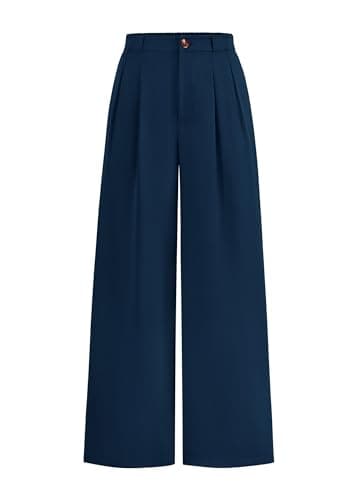 KIRUNDO Wide Leg Dress Pants for Women High Waisted Office Work Trousers Business Casual Slacks Button Flowy Palazzo Pant(Dark Blue, Large) - Image 1