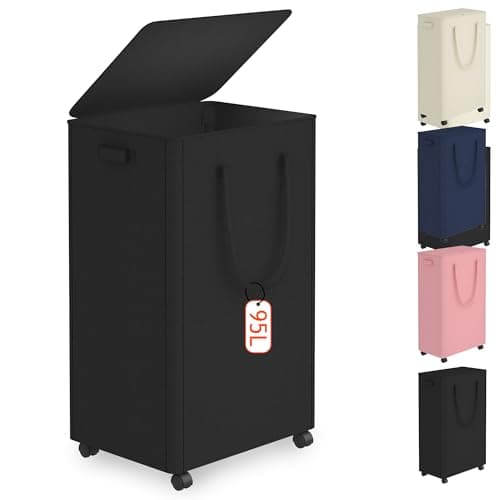 Slim Laundry Hamper with Wheels,25 Gal (95L) Rolling Laundry Basket with lid and wheels Clothes Hamper Foldable Tall Dirty Clothes Basket Sturdy Collapsible Clothes Hamper for Dorm,Laundry Room - Image 1