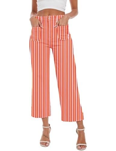 DAOAO Orange Striped Pants Women Cropped Jeans High Waisted Stretchy Wide Leg Jeans Woman Denim Pant Trendy S - Thumbnail 2