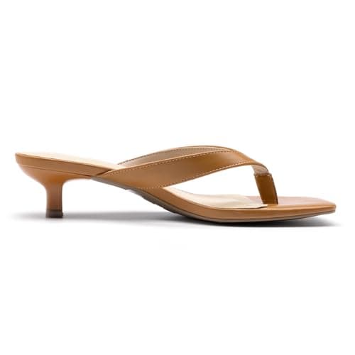 Athlefit Women's Kitten Heels Flip Flops Square Open Toe Low Heels Slip On Comfortable Casual Thong Slide Sandals Tan Size 8.5 - Thumbnail 4