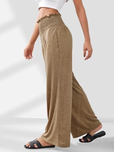 GEMLON Womens Wide Leg Pants High Waisted Palazzo Pants Summer Flowy Lounge Trousers Pants with Pockets Dark Khaki L - Thumbnail 3