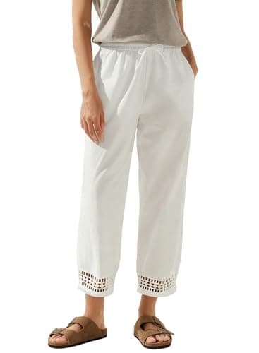 Acelitt Women Casual Linen Pants Fall Fashion 2026 Lightweight Drawstring Elastic Waist Beach Capri Pants Trousers with Pockets White Medium