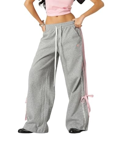 Aelfric Eden Lace Stripe Patchwork Sweatpants Casual Baggy Pant for Women Wide Leg Elastic Drawstring Trousers Grey Medium - Image 1