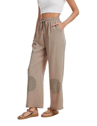 Demoking Cotton Linen Pants Women Straight Leg Casual Loose Drawstring Hippie Beach Vacation Clothes Khaki S - Thumbnail 4