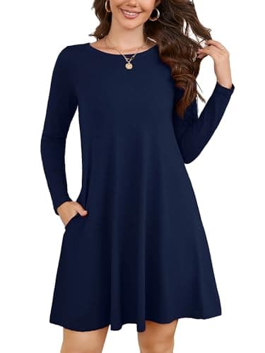 KORSIS Women Long Sleeve Tops T-Shirt Dress Round Neck Casual A-Line Loose Vocation Fall Winter Dress Whith Pockets Navy Blue XL - Image 1