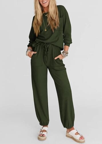 KIRUNDO Lounge Sets for Women 2026 Fall Airport Travel Outfits Ribbed Knit Tops Jogger Pants Tracksuit Postpartum Comfy Set(Army Green, Large) - Thumbnail 4