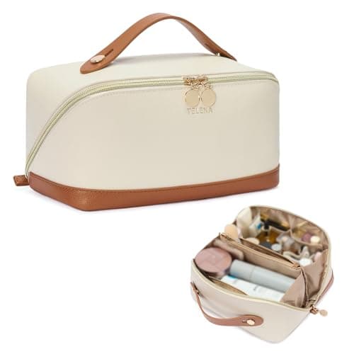 Telena Leather Make Up Bag Portable Travel Makeup Bag Waterproof Cosmetic Bags for Women Large Capacity With Handle and Divider Open Lay Flat
