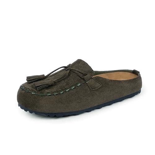 VIUGJNEX Womens Clogs Slip on Tassel Fringe Suede Mules for Women Comfortable Footbed Loafers Potato Shoes with Arch Support Round Toe Office Casual Walking Flats Work Shoes Olive Brown Size 10 - Thumbnail 5