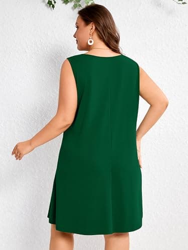 AusLook Plus Size Summer Midi Dress for Women Sleeveless Casual A Line Swing Green 3X Dress with Pockets Keyhole Neck Solid Color Vacation Beach Travel Dress - Thumbnail 5