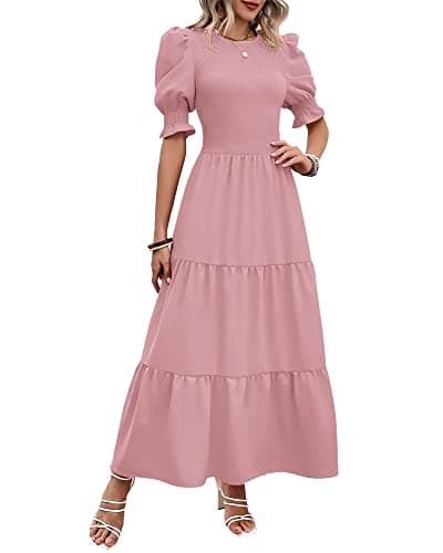 BTFBM Women Casual Summer Dresses 2026 Spring Crew Neck Ruffle Short Sleeve Smocked Floral Boho Flowy Maxi Dress Clothes(Solid Light Pink, Medium) - Image 1