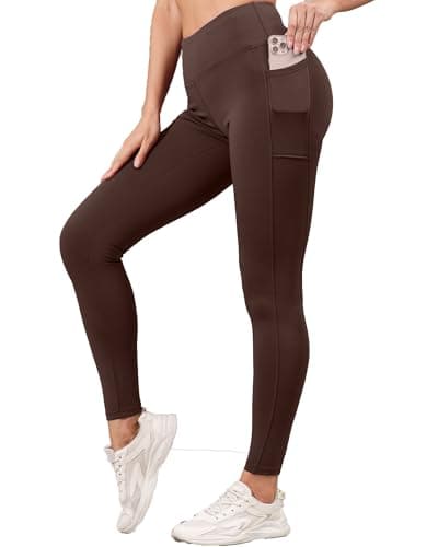 Pobodo Women's Leggings with Pockets High Waisted, Tummy Control Yoga Pants Squat Proof Workout Running Leggings for Women Brown - Image 1